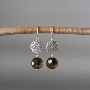 Smokey Quartz Earrings - Brown Gemstone Earrings - Celtic Knot Earrings - Bali Silver Earrings