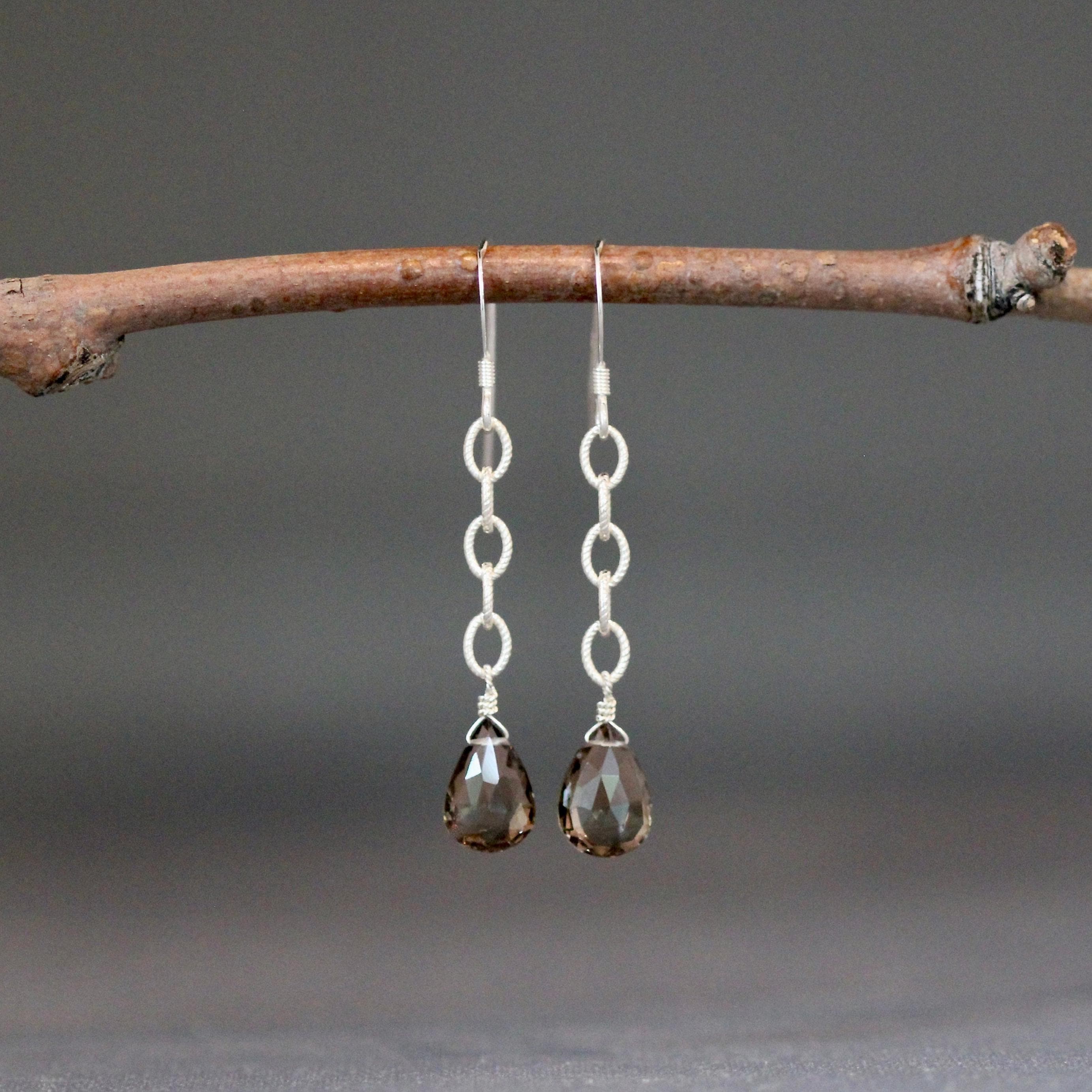 Smokey Quartz Earrings - Brown Gemstone Earrings - Gem And Silver Earrings - Silver Chain Earrings - Long Dangle Earrings