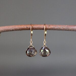 Smokey Quartz Earrings - Brown Gemstone Earrings - Gold Leverback Earrings - Single Stone Earrings - Gold Dangles - Gold Wire Wrap Earrings