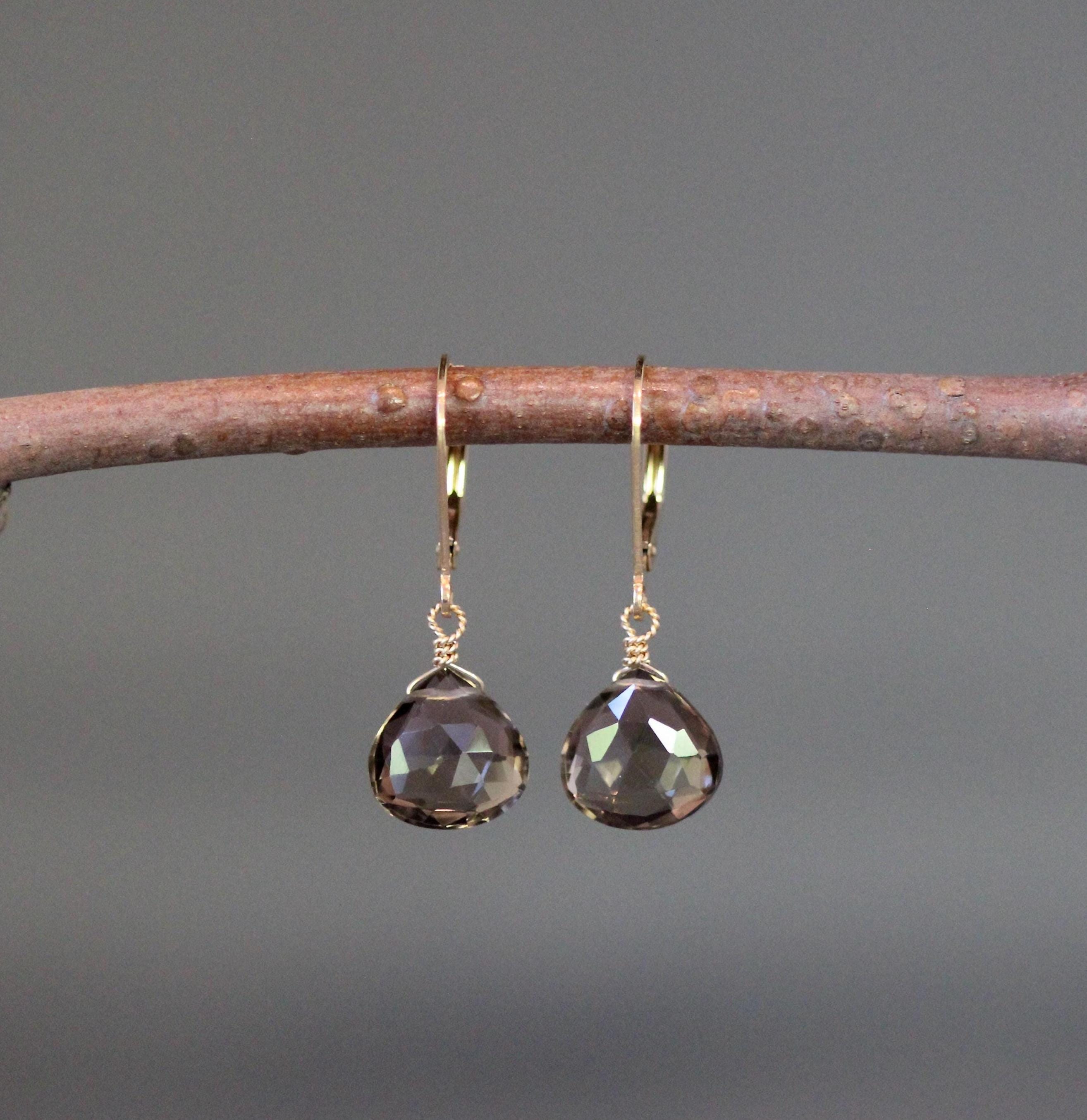 Smokey Quartz Earrings - Brown Gemstone Earrings - Gold Leverback Earrings - Single Stone Earrings - Gold Dangles - Gold Wire Wrap Earrings