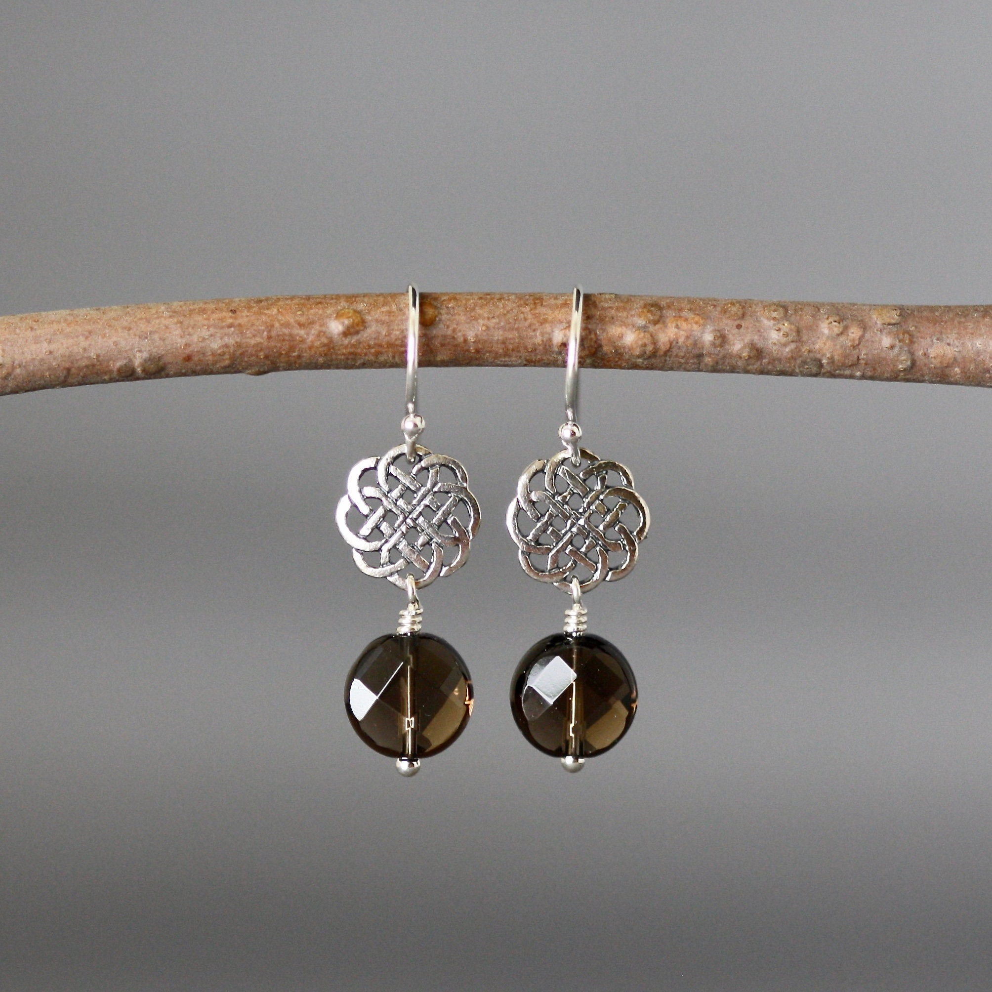 Smokey Quartz Earrings - Brown Gemstone Earrings - Celtic Knot Earrings - Bali Silver Earrings