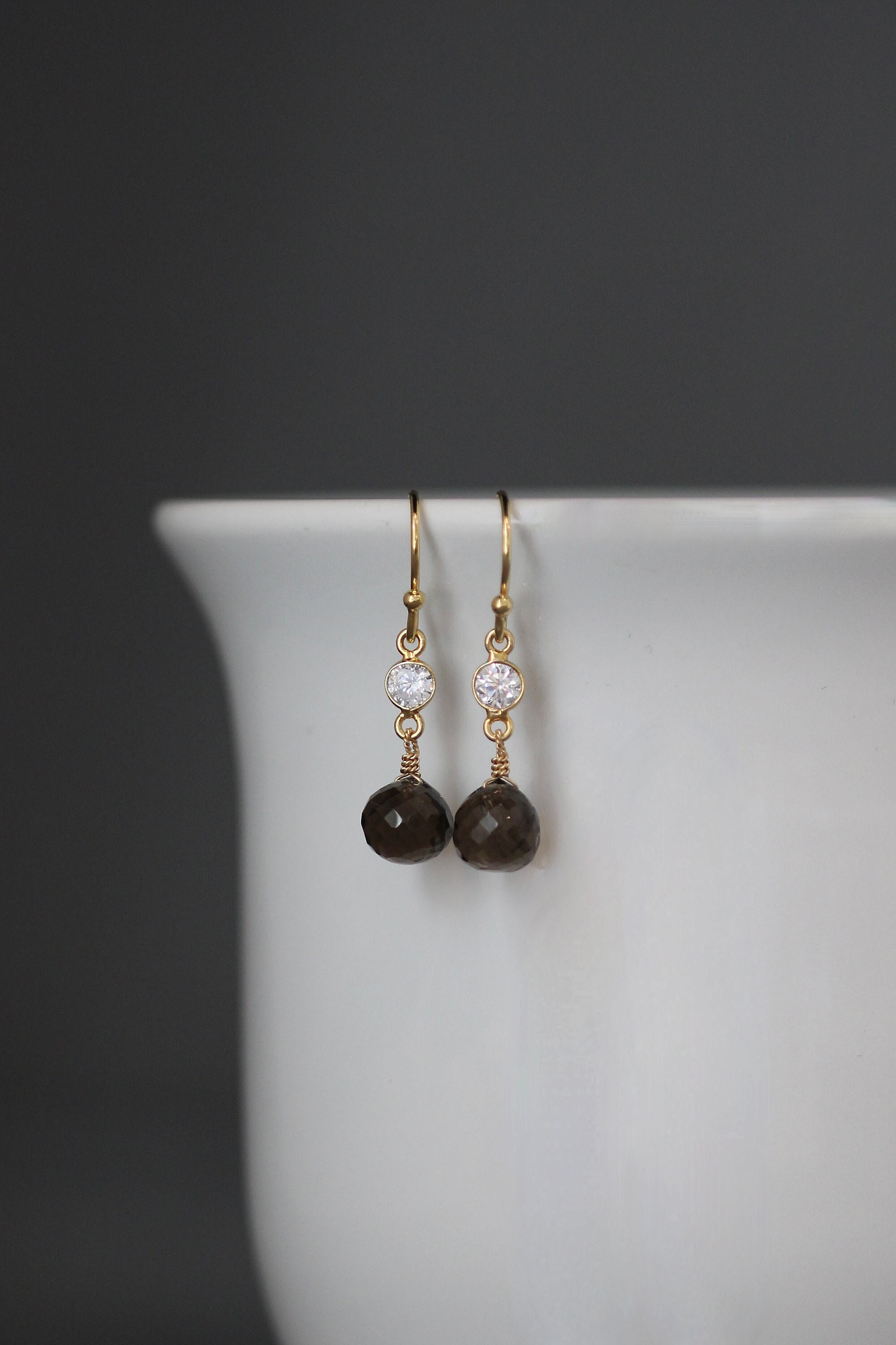 Smokey Quartz Earrings - Cubic Zirconia Earrings - Brown And Gold Earrings - Wire Wrapped Earrings Gold - Brown Gemstone Earrings