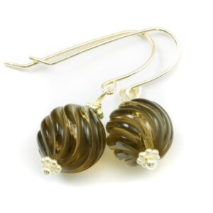 Smoky Quartz Earrings Smokey Dangle Round Sterling Silver Or 14k Solid Gold Or Filled Fancy Carved Swirl Smooth Design Simple Classic Drops