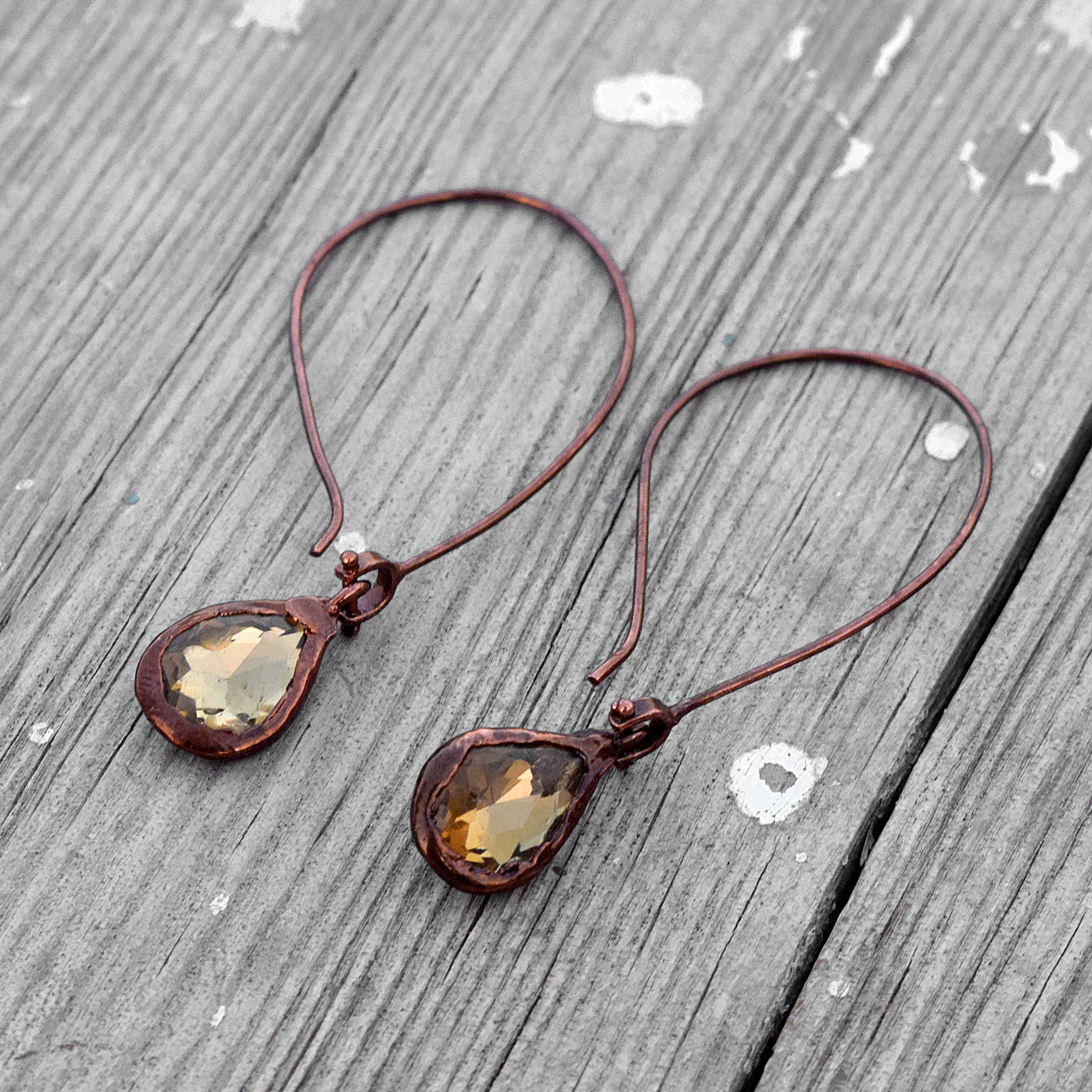 Smokey Quartz Copper Dangle Earrings – Gemstone Drop Handmade Jewelry