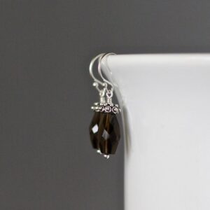 Smokey Quartz Earrings - Small Silver Earrings - Bali Silver Earrings - Brown Gemstone Earrings - Wire Wrapped Earrings