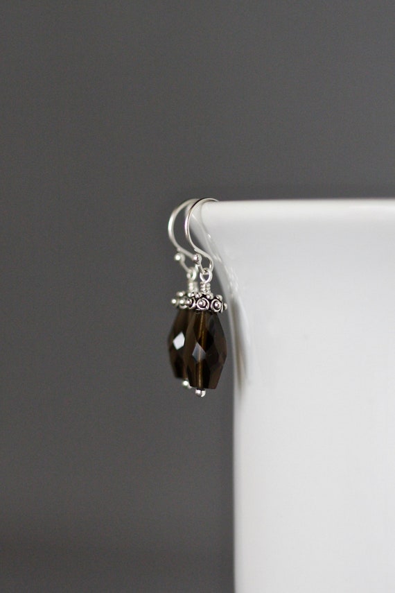 Smokey Quartz Earrings - Small Silver Earrings - Bali Silver Earrings - Brown Gemstone Earrings - Wire Wrapped Earrings