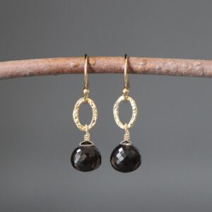 Smokey Quartz Earrings - Wire Wrapped Earrings Gold - Brown Gemstone Earrings - Brown And Gold Earrings - Gold Link Earrings