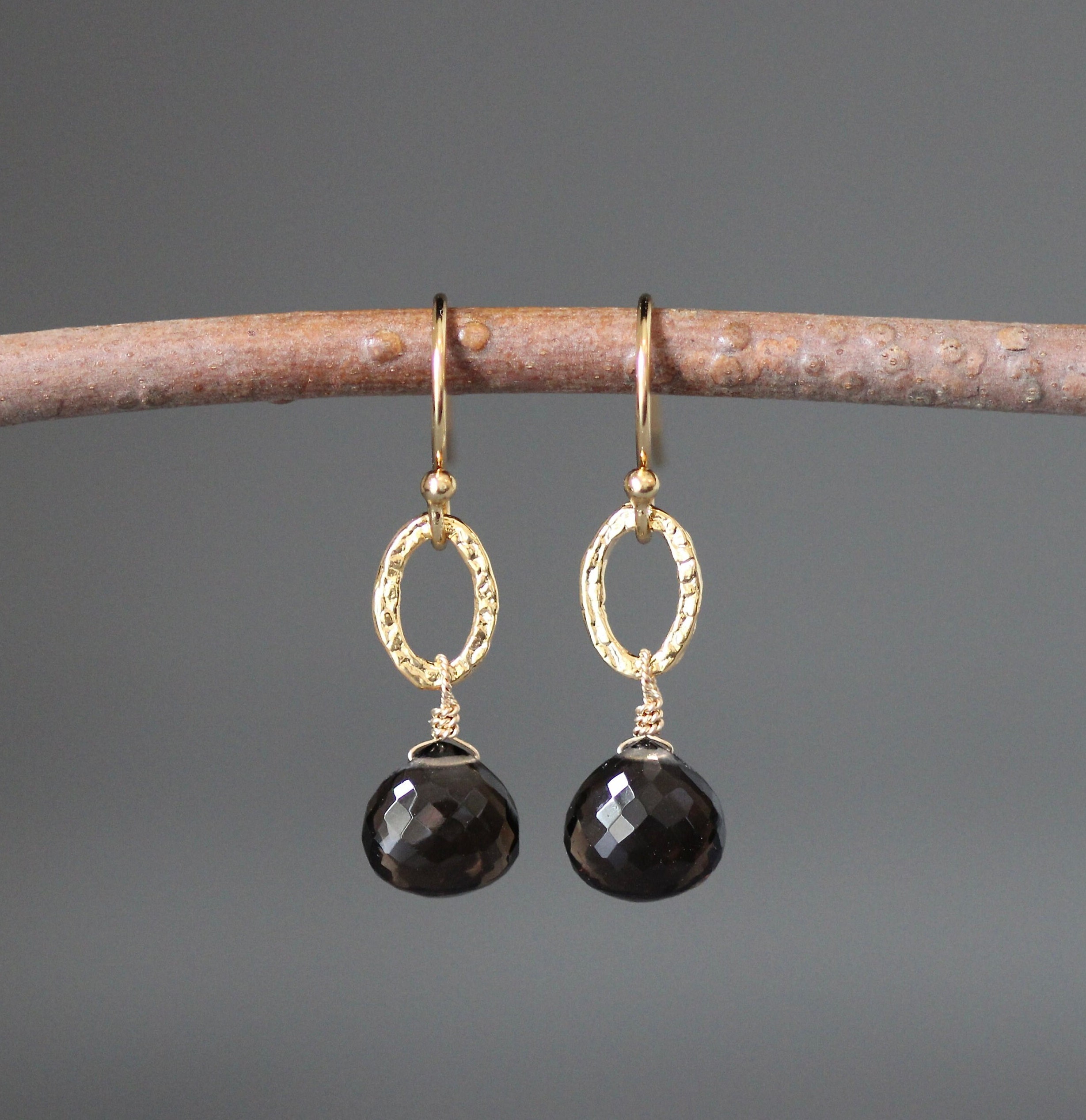 Smokey Quartz Earrings - Wire Wrapped Earrings Gold - Brown Gemstone Earrings - Brown And Gold Earrings - Gold Link Earrings