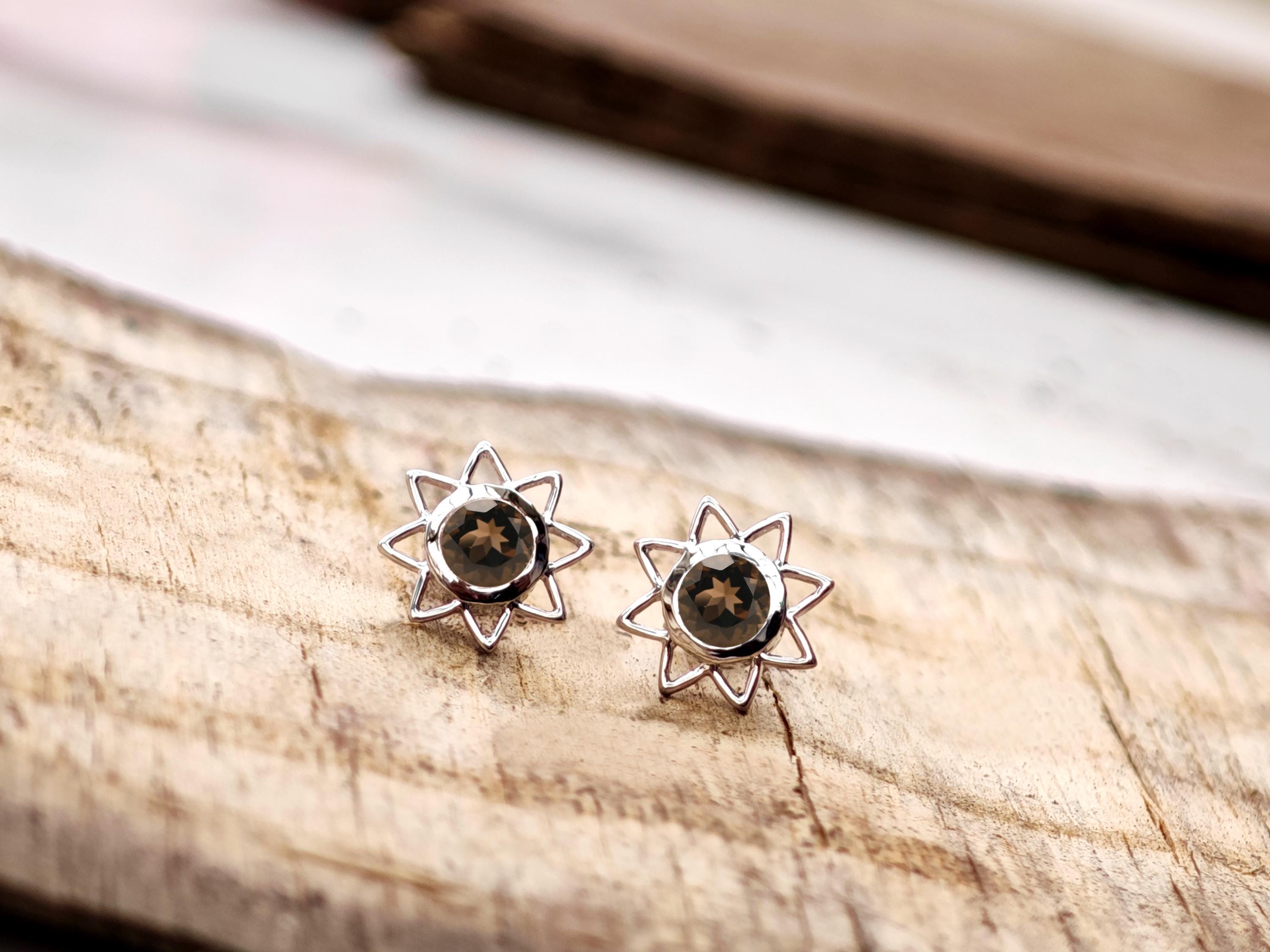 Smoky Quartz Star Stud Earrings For Women 14k Gold Quartz Gemstone Earrings Minimalist Sunburst Studs Handmade Flower Design Stud Earrings