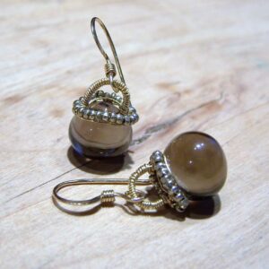 Smoky Quartz Sterling Silver Earrings, Coil Wrapped Briolette, Seed Beads