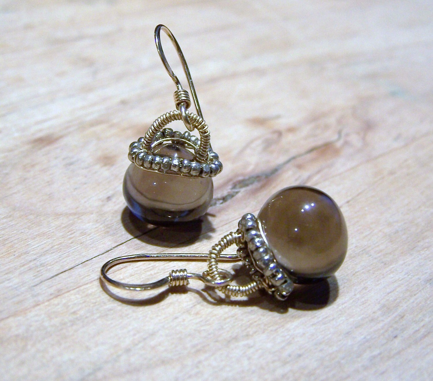 Smoky Quartz Sterling Silver Earrings, Coil Wrapped Briolette, Seed Beads Smoky Quartz Sterling Silver Earrings, Coil Wrapped Briolette, Seed Beads