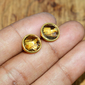 Smoky Quartz Stud Earrings: 18K Gold Overlay, Sterling Silver