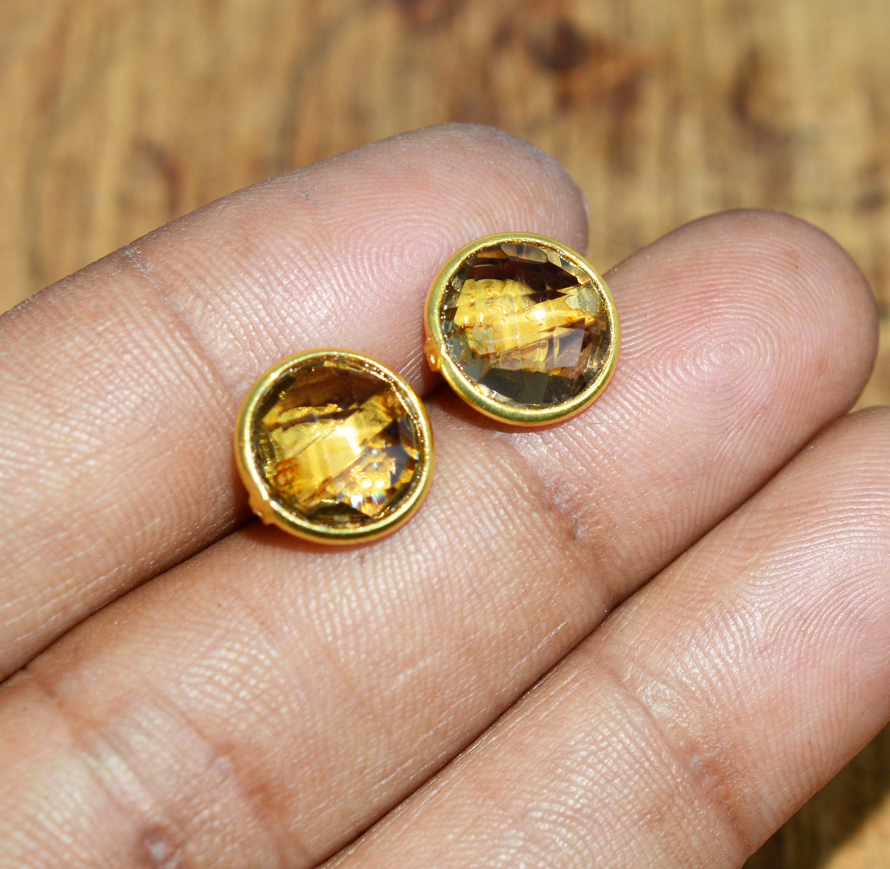 Smoky Quartz Stud Earrings: 18k Gold Overlay, Sterling Silver