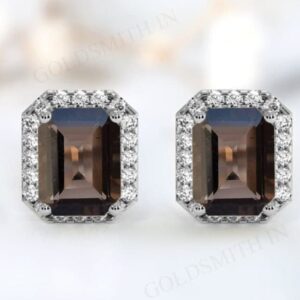 Vintage Smoky Quartz Earrings For Women Art Deco Stud Earrings Antique Halo Style Earrings Emerald Cut Quartz Gemstone Anniversary Gift