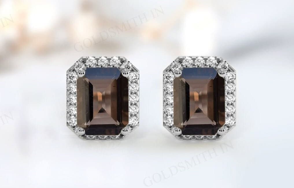 Vintage Smoky Quartz Earrings For Women Art Deco Stud Earrings Antique Halo Style Earrings Emerald Cut Quartz Gemstone Anniversary Gift