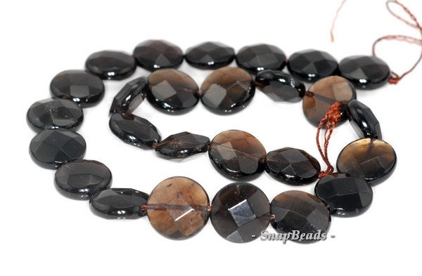 16mm Smoky Quartz Gemstone Faceted Flat Round Loose Beads 15.5 Inch Full Strand (90144132-b21-536)