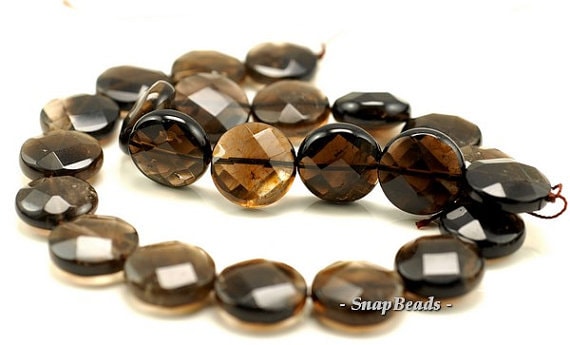 18mm Smoky Quartz Gemstone Faceted Flat Round Loose Beads 7 Inch Half Strand Lot 1,2 And 6 (90144142-b21-536)
