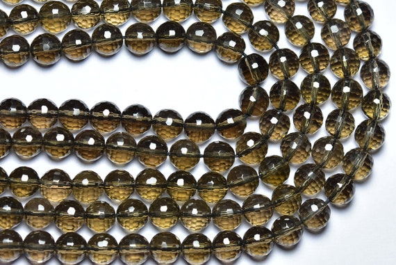8 Inches - Natural Super Quality Faceted Smoky Quartz Round Shape Beads - Size Is 8mm #1392