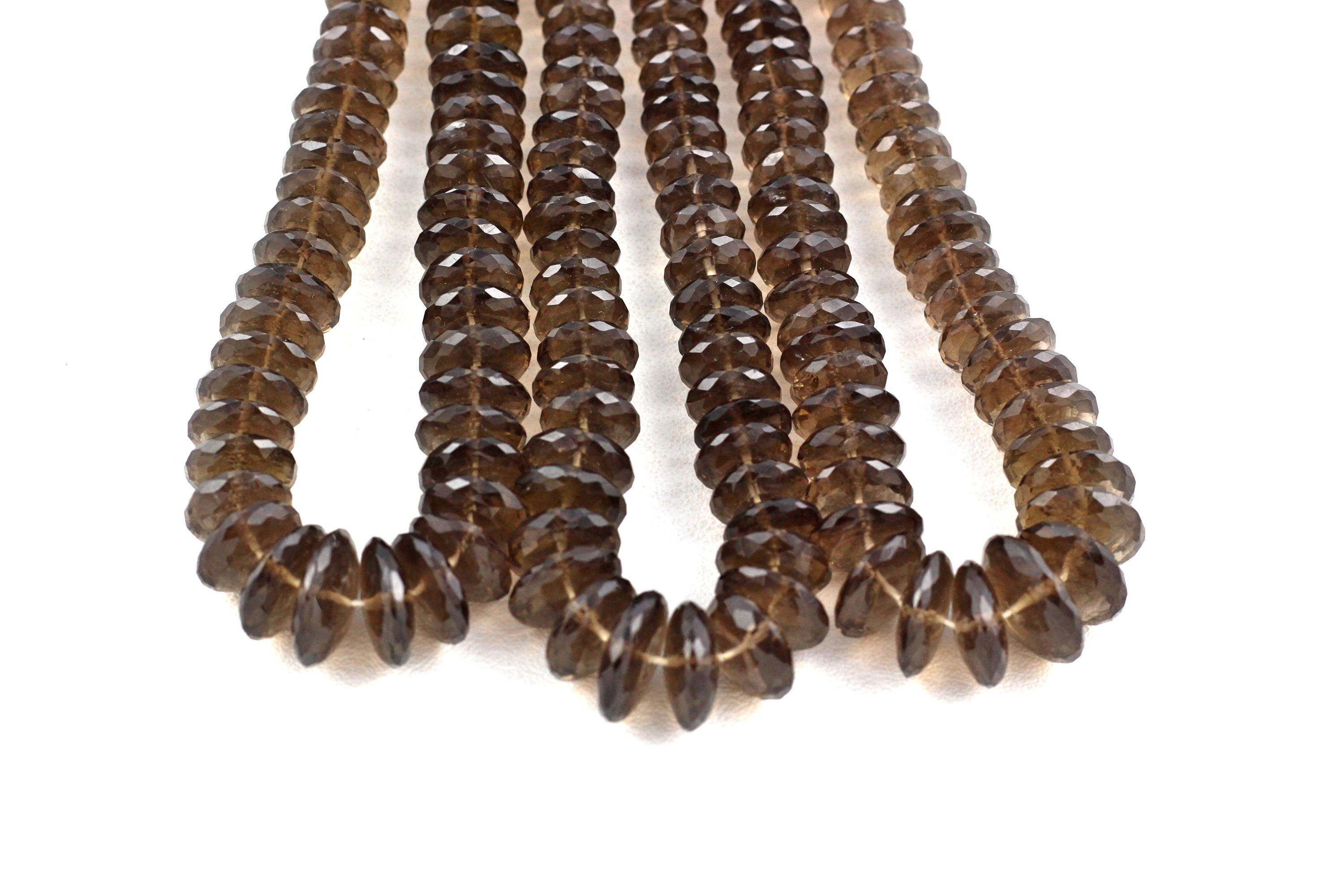 Smoky Quartz Rondelle Beads: Faceted German Cut, 8" Strand