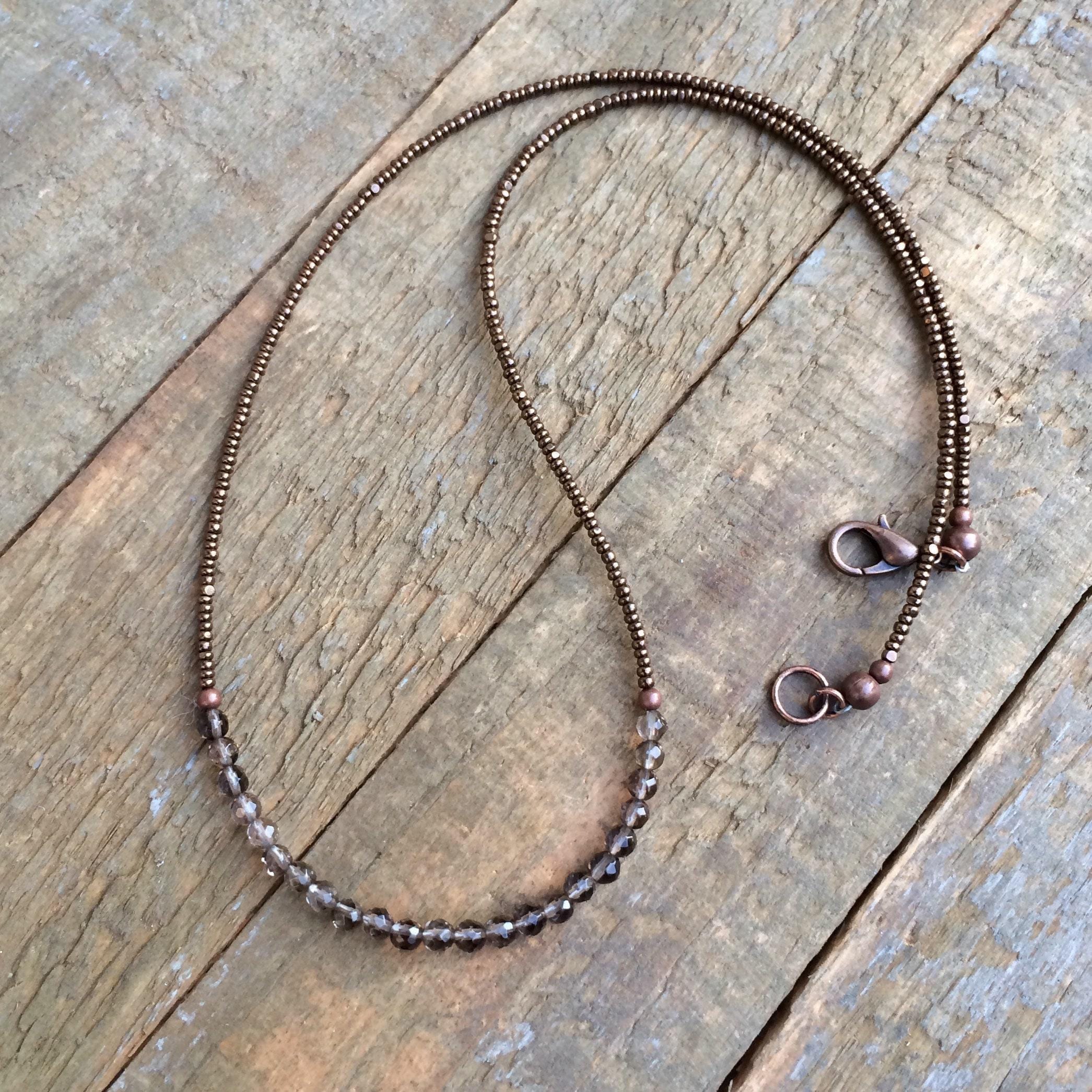 Smoky Quartz Beaded Layering Necklace With Antiqued Copper Accents, Solar Plexus Chakra Jewelry Smoky Quartz Beaded Layering Necklace With Antiqued Copper Accents, Solar Plexus Chakra Jewelry