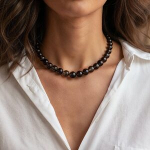 Smoky Quartz Beaded Necklace · Dark Brown Gemstone Choker  · Semi Precious Quartz Choker · Gold Beaded Necklace