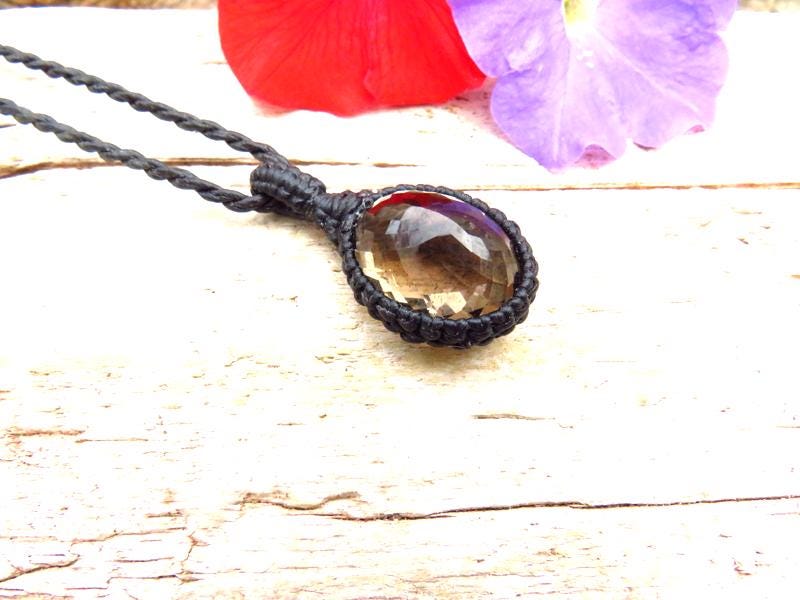 Faceted Smokey Quartz Macrame Necklace, Crystal Jewelry, Birthstone Necklace