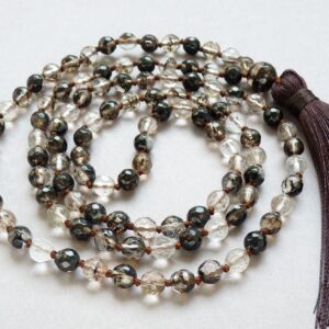 Smoky Quartz Necklace,  Faceted Smoky Quartz Tassel Necklace, 108 Beaded Mala Knotted Necklace, Natural Smoky Quartz Jewelry, Yoga Gift