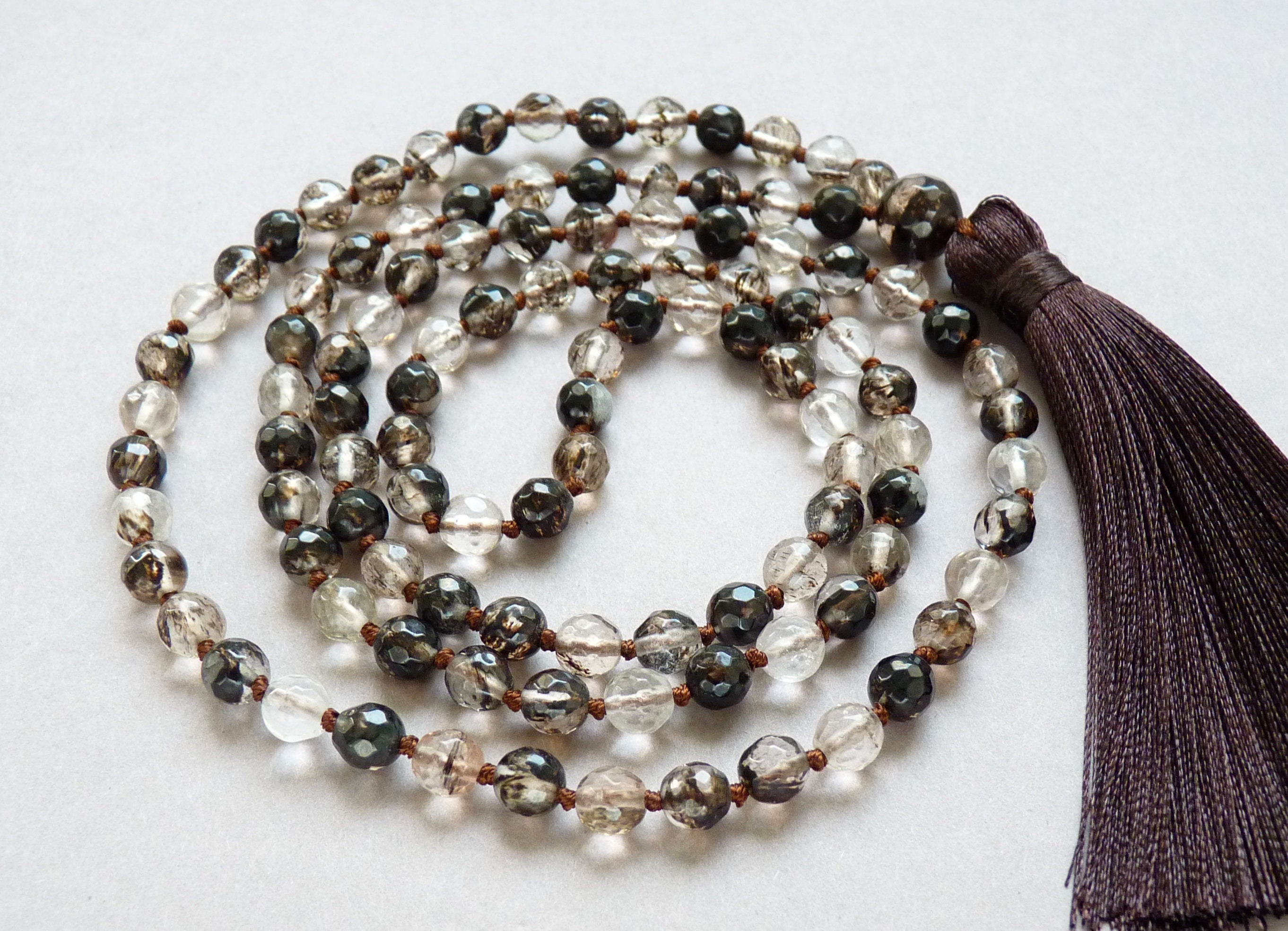 Smoky Quartz Necklace, Faceted Smoky Quartz Tassel Necklace, 108 Beaded Mala Knotted Necklace, Natural Smoky Quartz Jewelry, Yoga Gift
