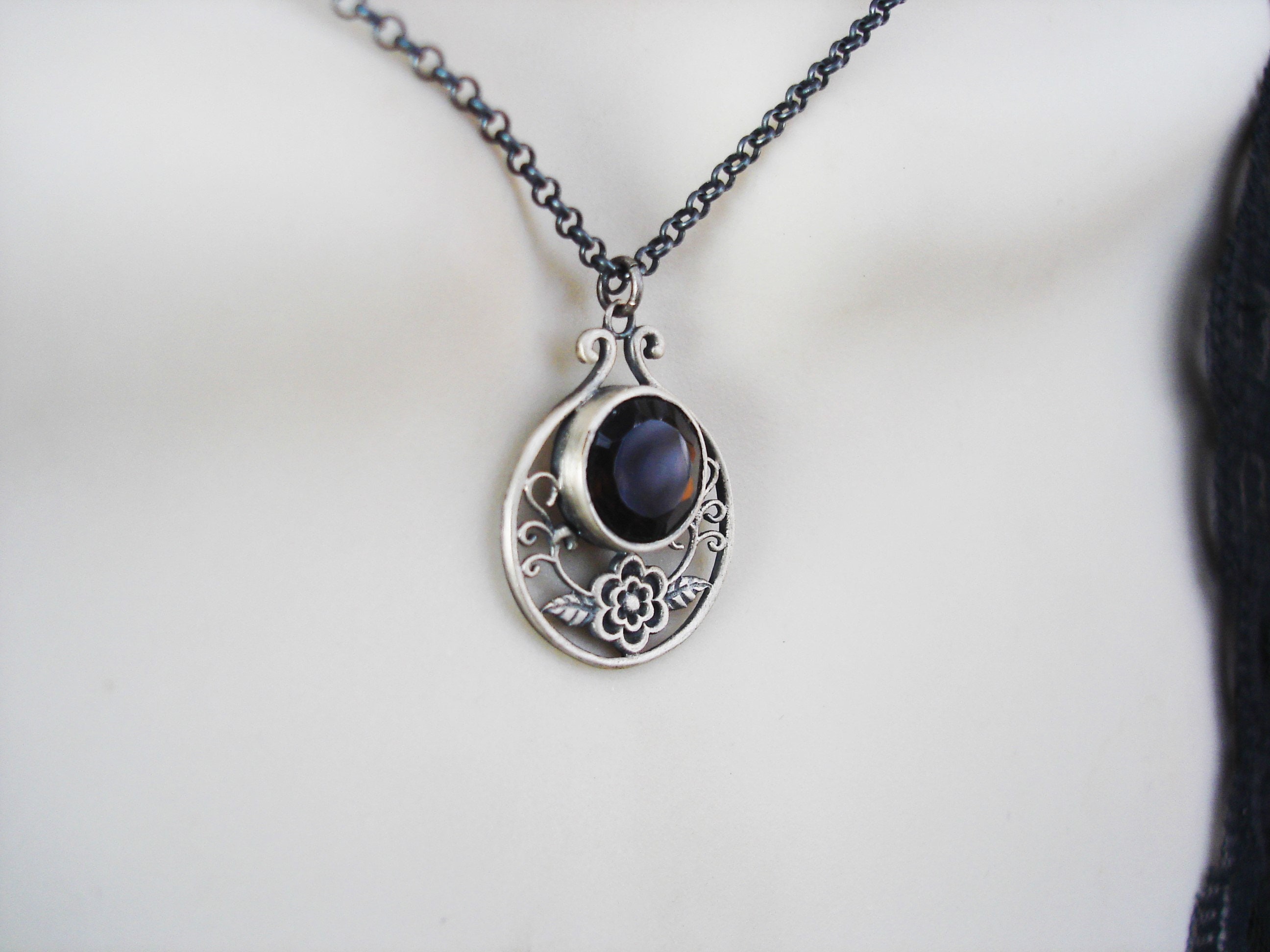 Smoky Quartz Floral Sterling 925 Silver Lightly Oxidized Necklace