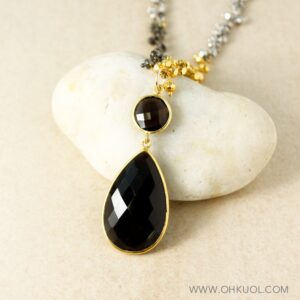 Gold Dark Smokey Quartz Teardrop Necklace, Pyrite Chain, Edgy, Layering Necklace