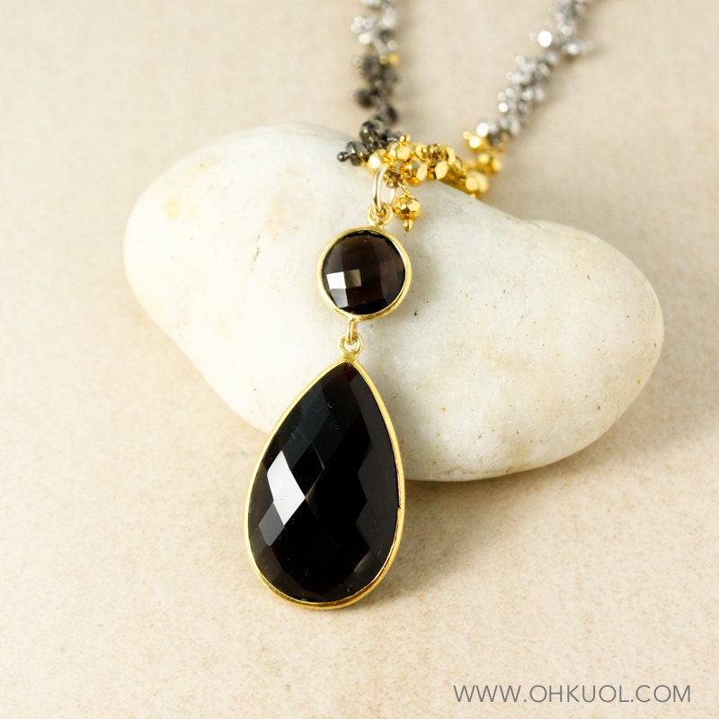 Gold Dark Smokey Quartz Teardrop Necklace, Pyrite Chain, Edgy, Layering Necklace