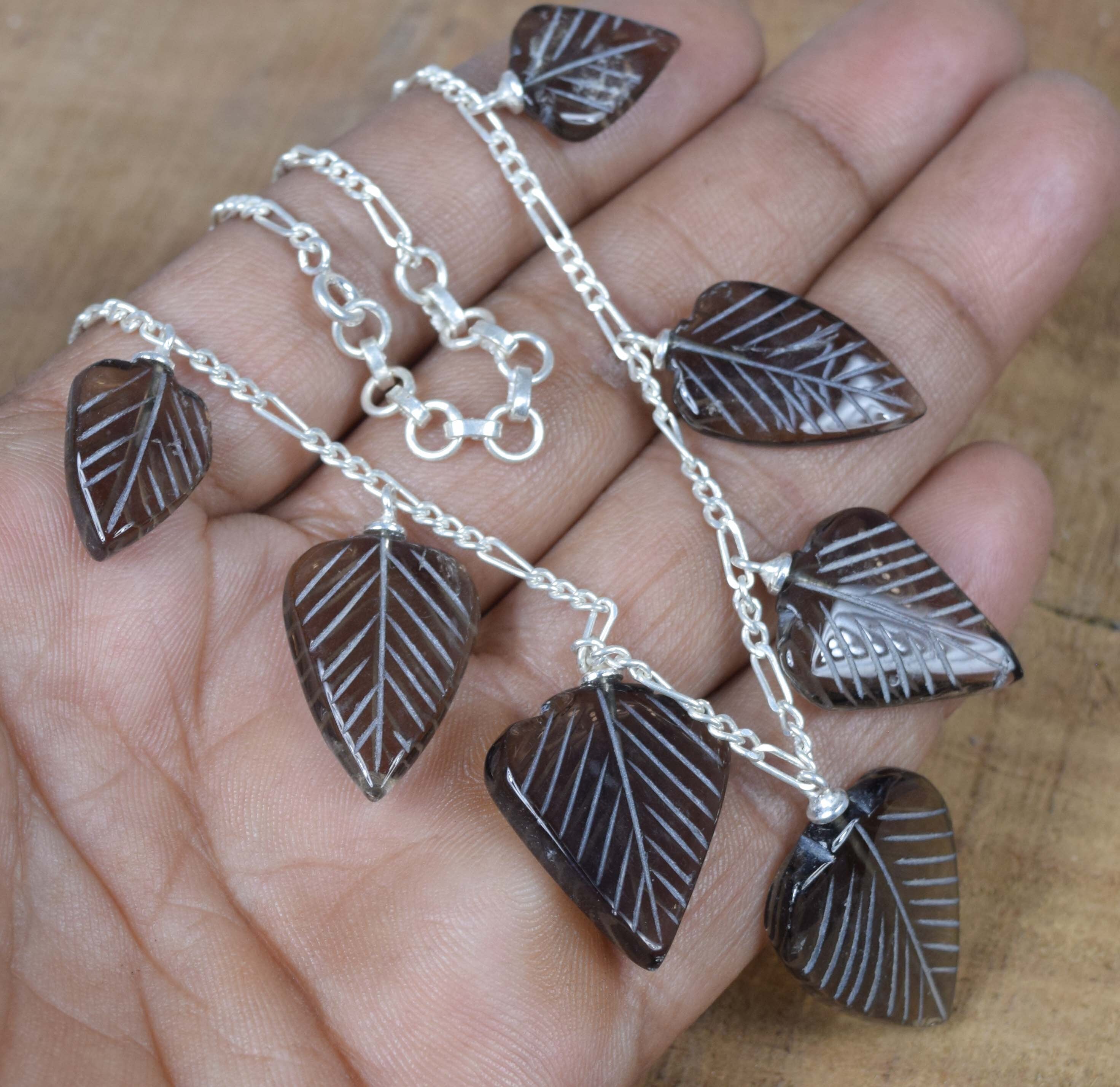 Leaf Carving Smoky Quartz Necklace: 925 Sterling Silver, November Birthstone
