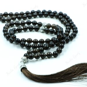 Smoky Quartz Mala Necklace 108 Beads Hand Knotted Healing Crystal Tassel Necklace Yoga Meditation Prayer Beads Grounding Protection Jewelry