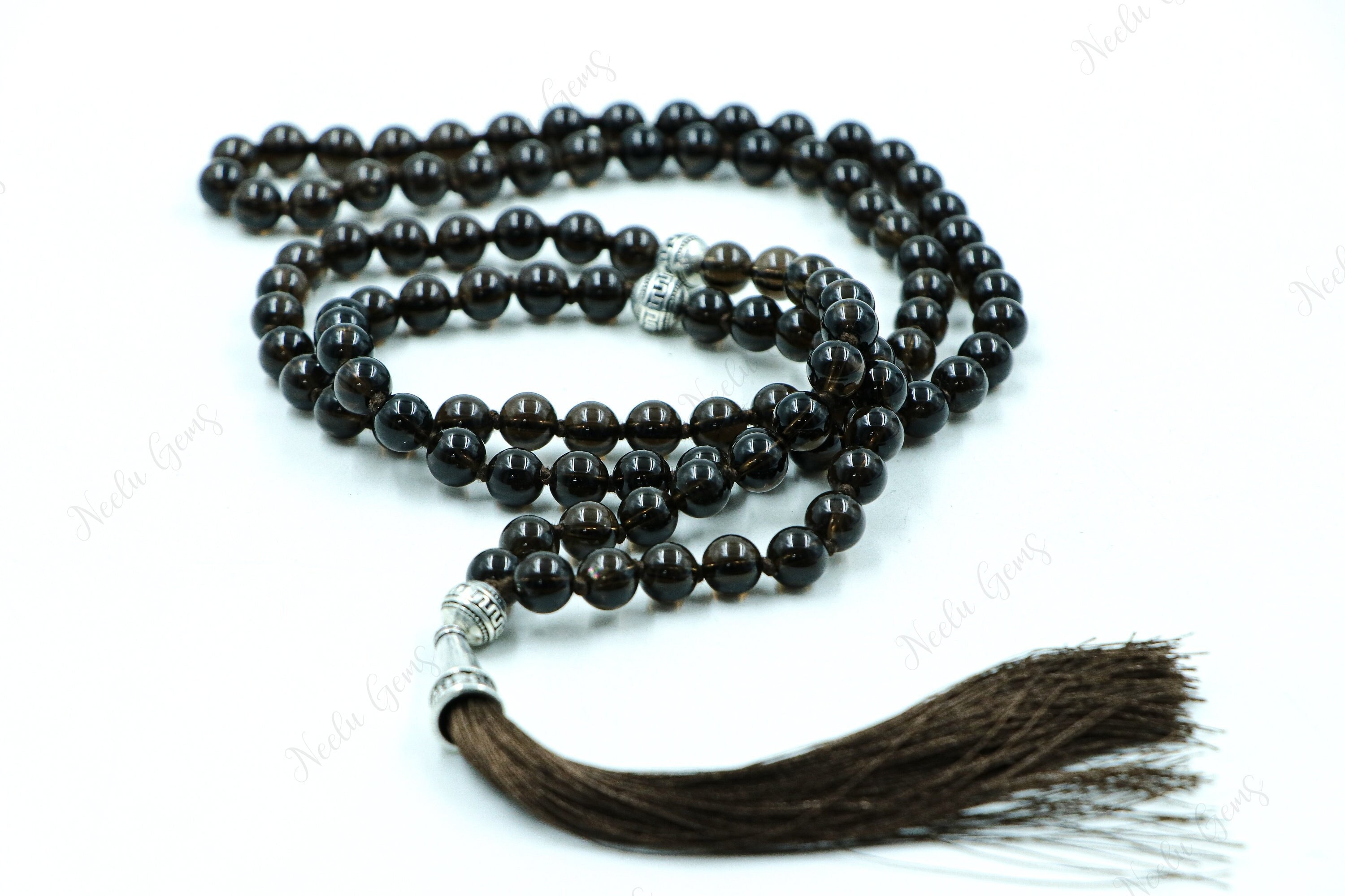 Smoky Quartz Mala Necklace 108 Beads Hand Knotted Healing Crystal Tassel Necklace Yoga Meditation Prayer Beads Grounding Protection Jewelry