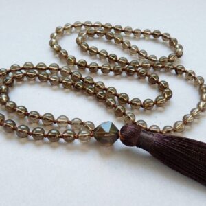 Smoky Quartz Mala Necklace, 6mm Smoky Quartz Long Tassel Necklace, 108 Mala Necklace, Hand Knotted Necklace, Natural Smoky Quartz Jewelry