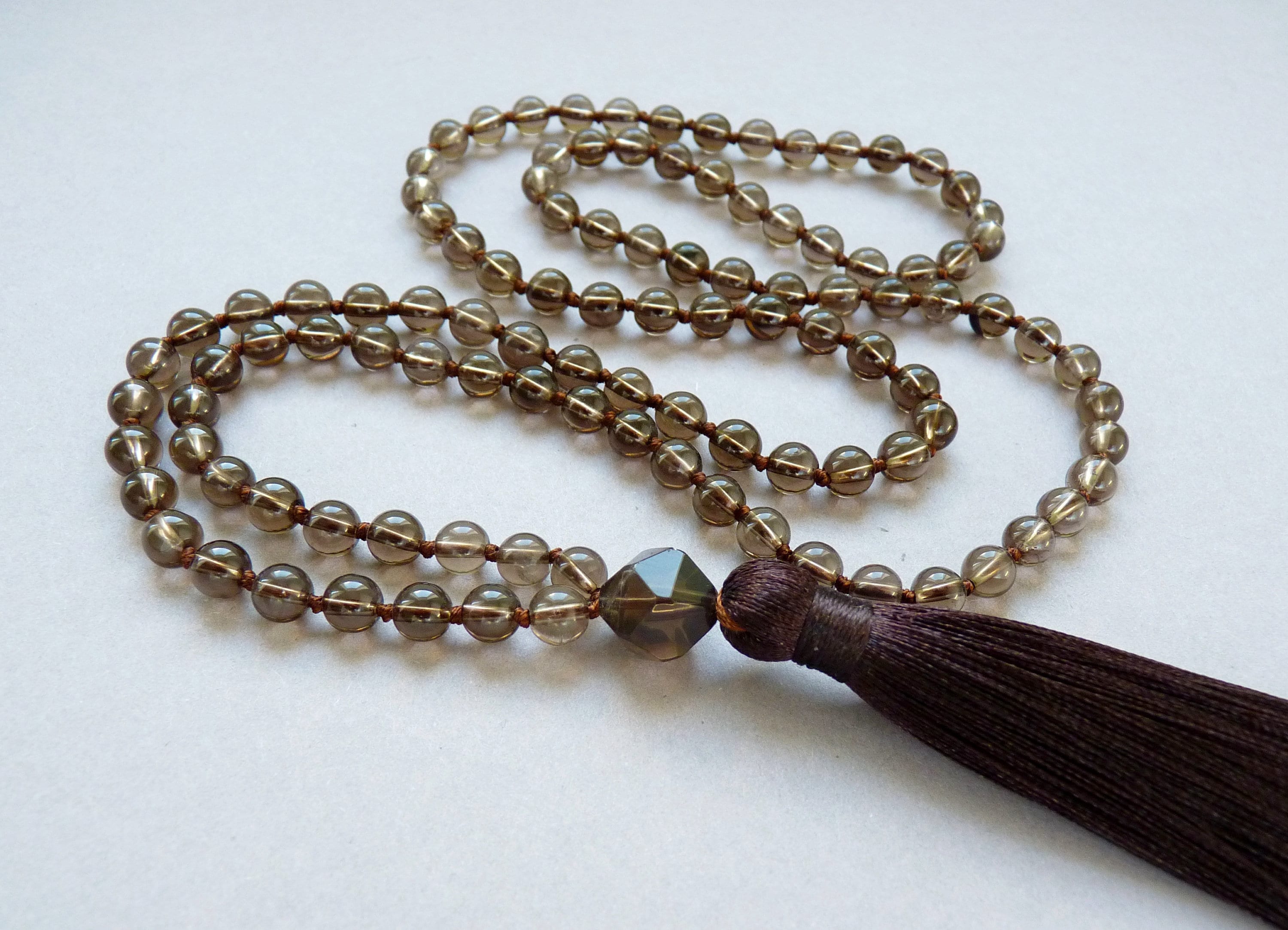 Smoky Quartz Mala Necklace, 6mm Smoky Quartz Long Tassel Necklace, 108 Mala Necklace, Hand Knotted Necklace, Natural Smoky Quartz Jewelry