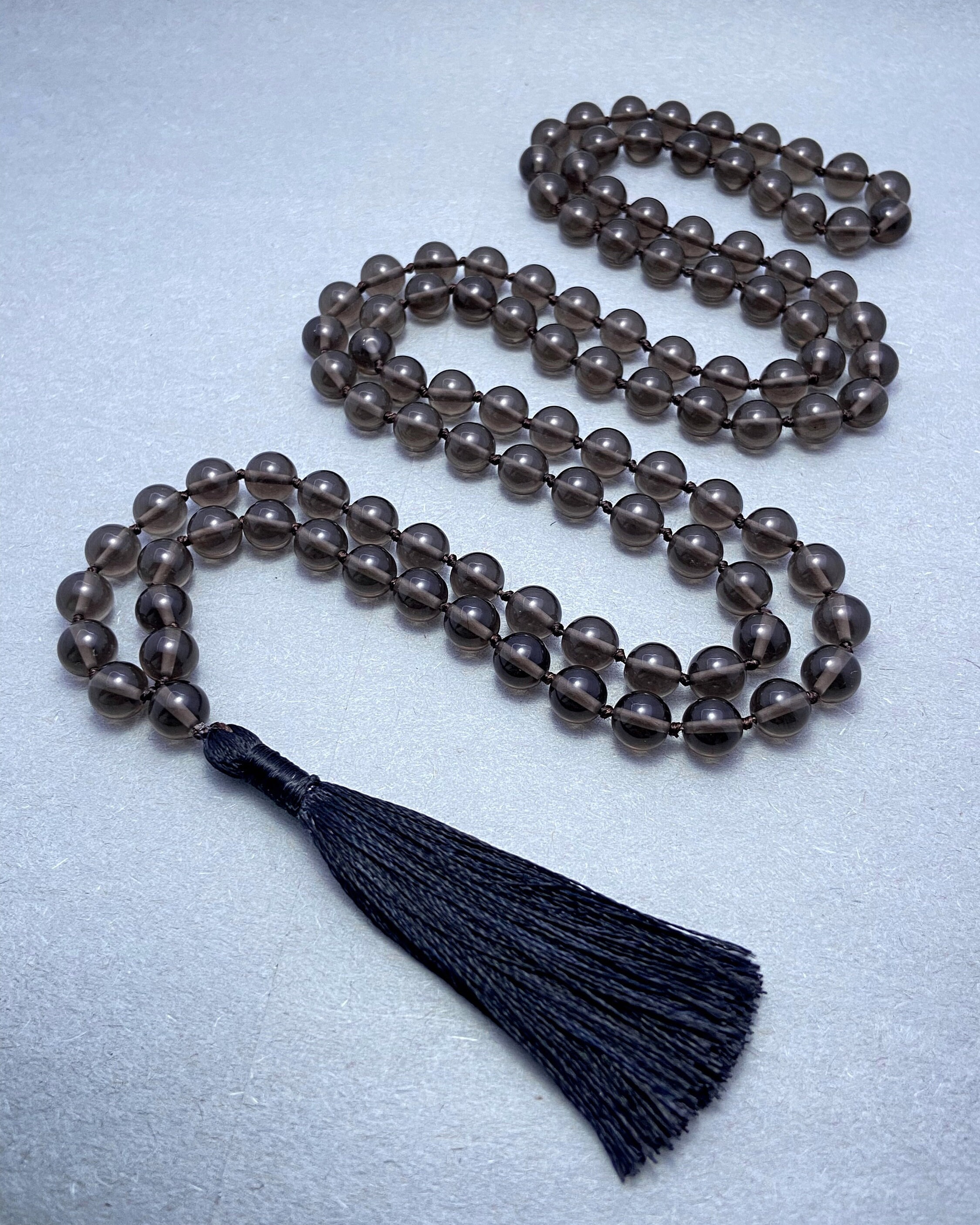 Smoky Quartz Mala: Handcrafted 108 Bead Meditation Necklace With Silk Tassel