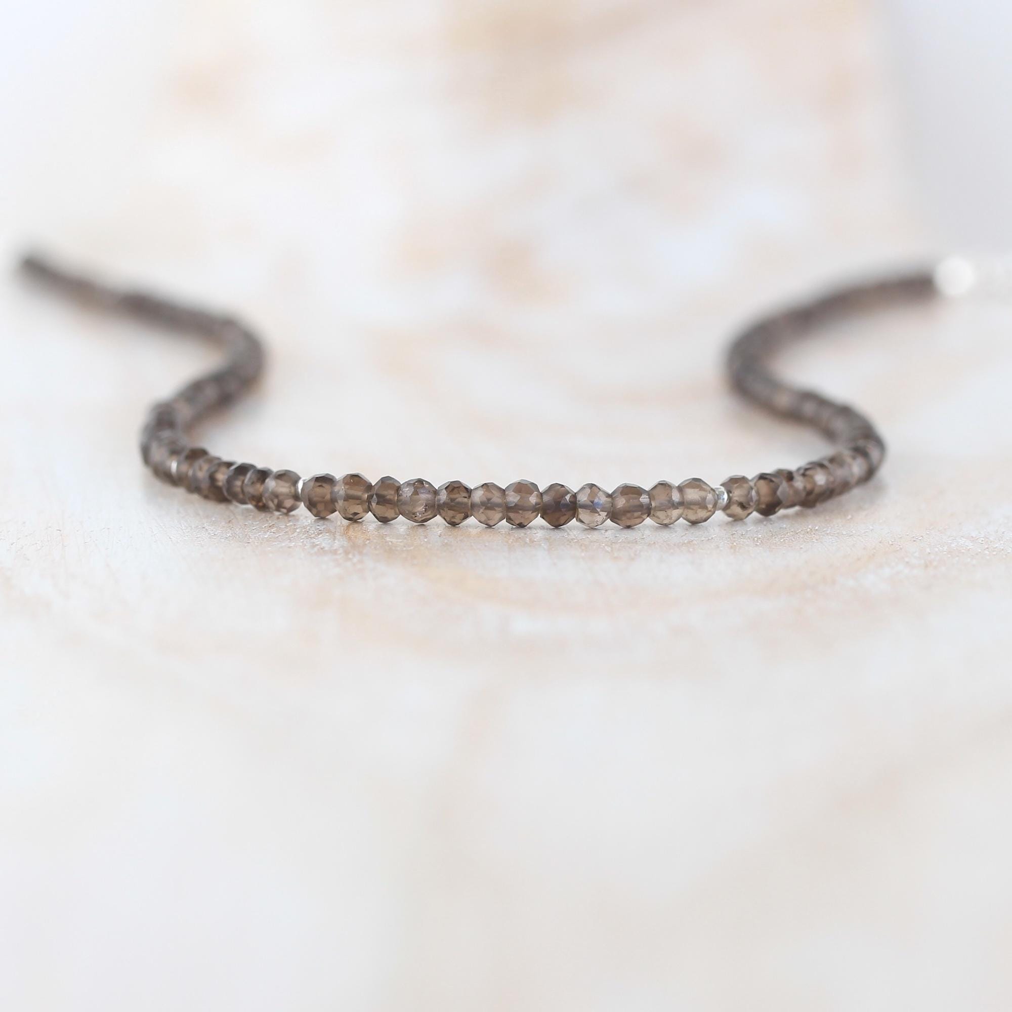 Natural Smokey Quartz Beaded Necklace In Sterling Silver, Gold Or Rose Gold Filled, Dainty Gemstone Choker, Long Delicate Layering Necklace
