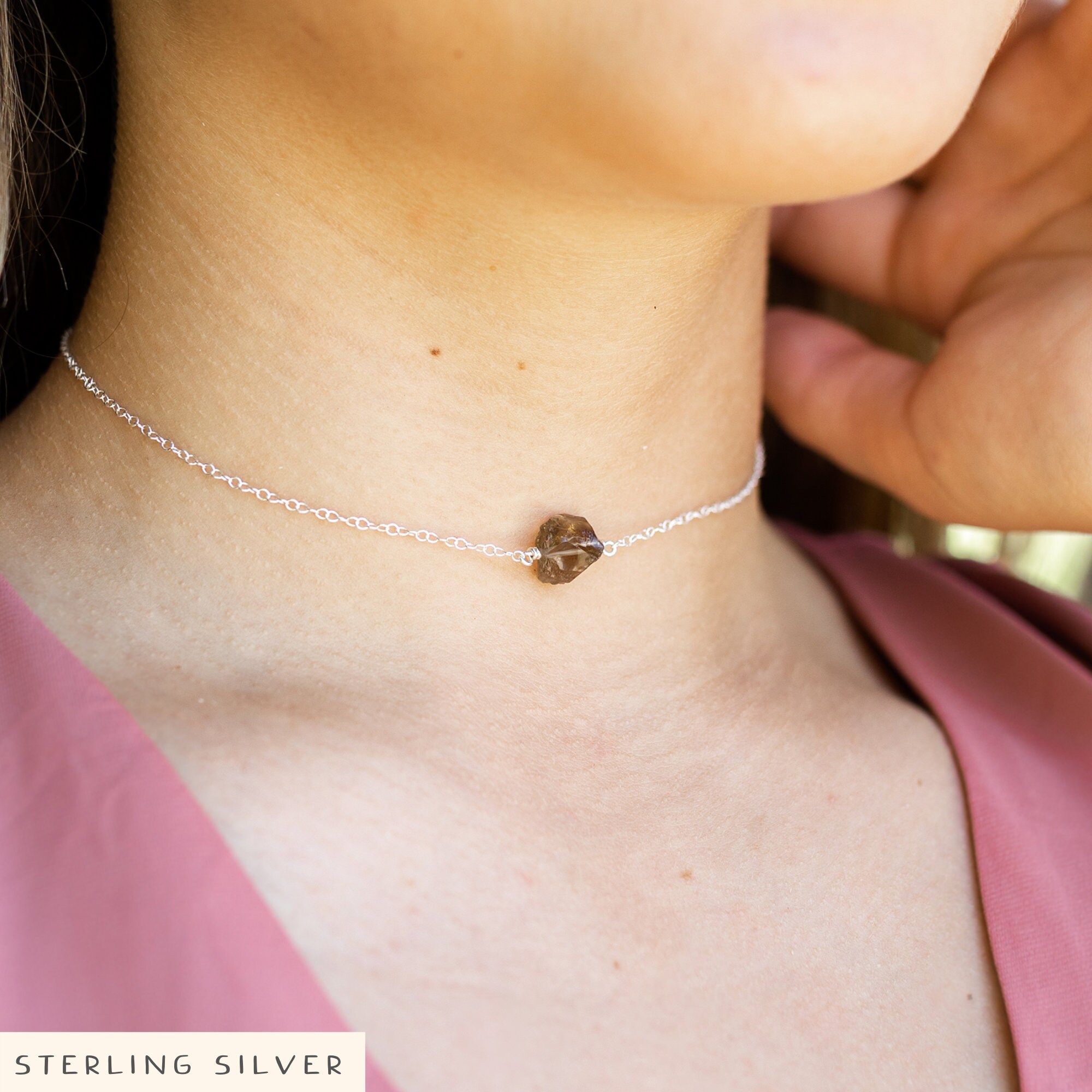 Raw Smoky Quartz Crystal Choker - Sterling Silver Gemstone Necklace
