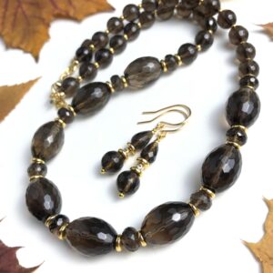 Smokey Quartz Necklace gold accents natural brown gray gemstone bohemian statement modern choker  birthday holiday gift for her 7639
