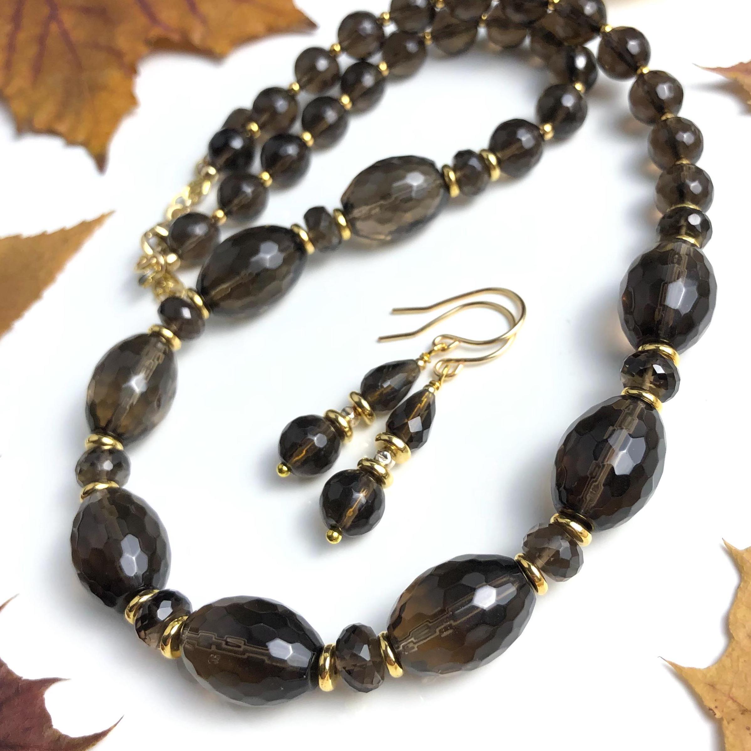 Smokey Quartz Necklace Gold Accents Natural Brown Gray Gemstone Bohemian Statement Modern Choker  Birthday Holiday Gift For Her 7639
