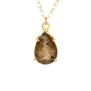 Smokey Quartz Teardrop Necklace: Engraved Stone, 14k Gold Filled Chain