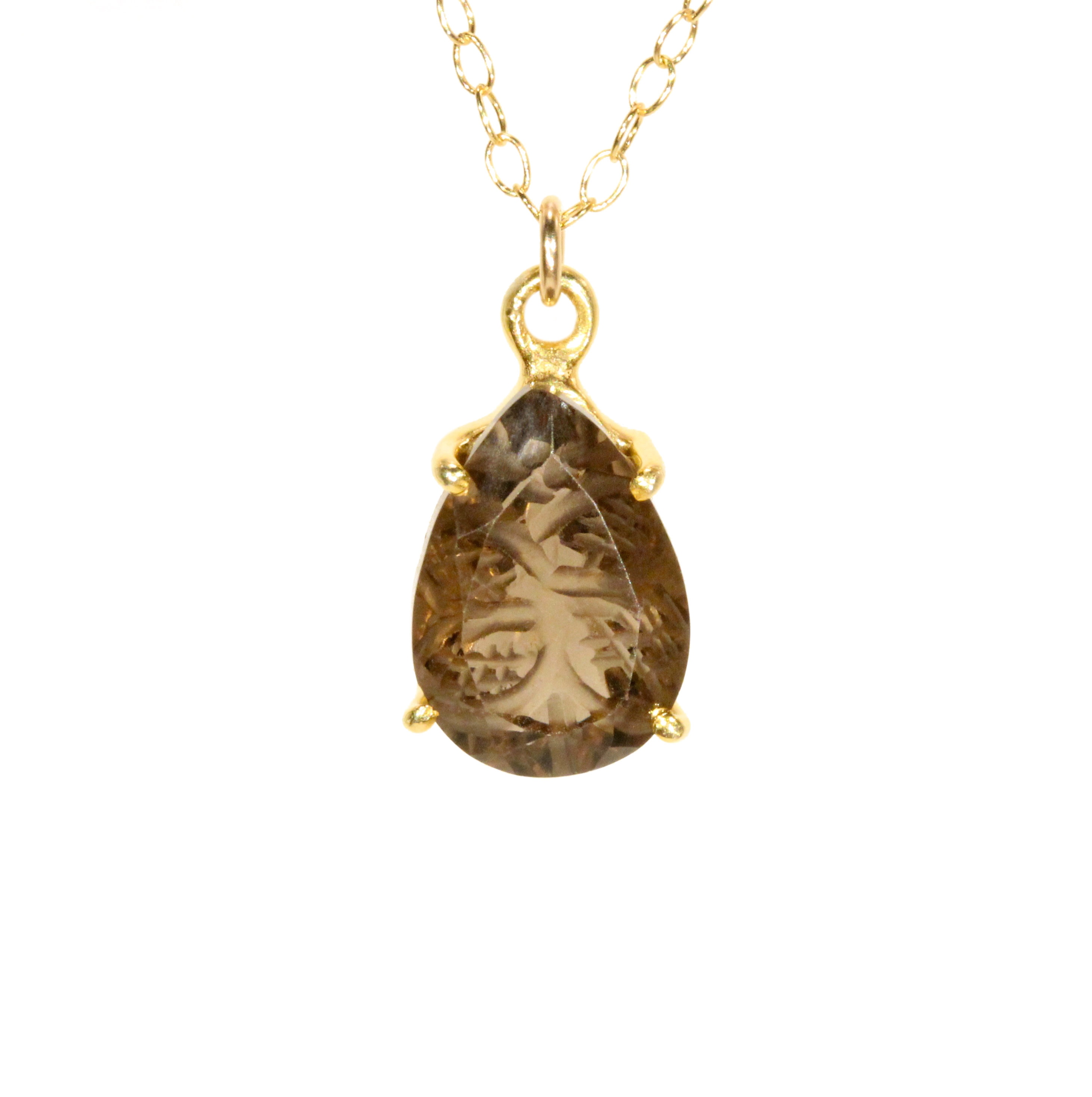 Smokey Quartz Teardrop Necklace: Engraved Stone, 14k Gold Filled Chain
