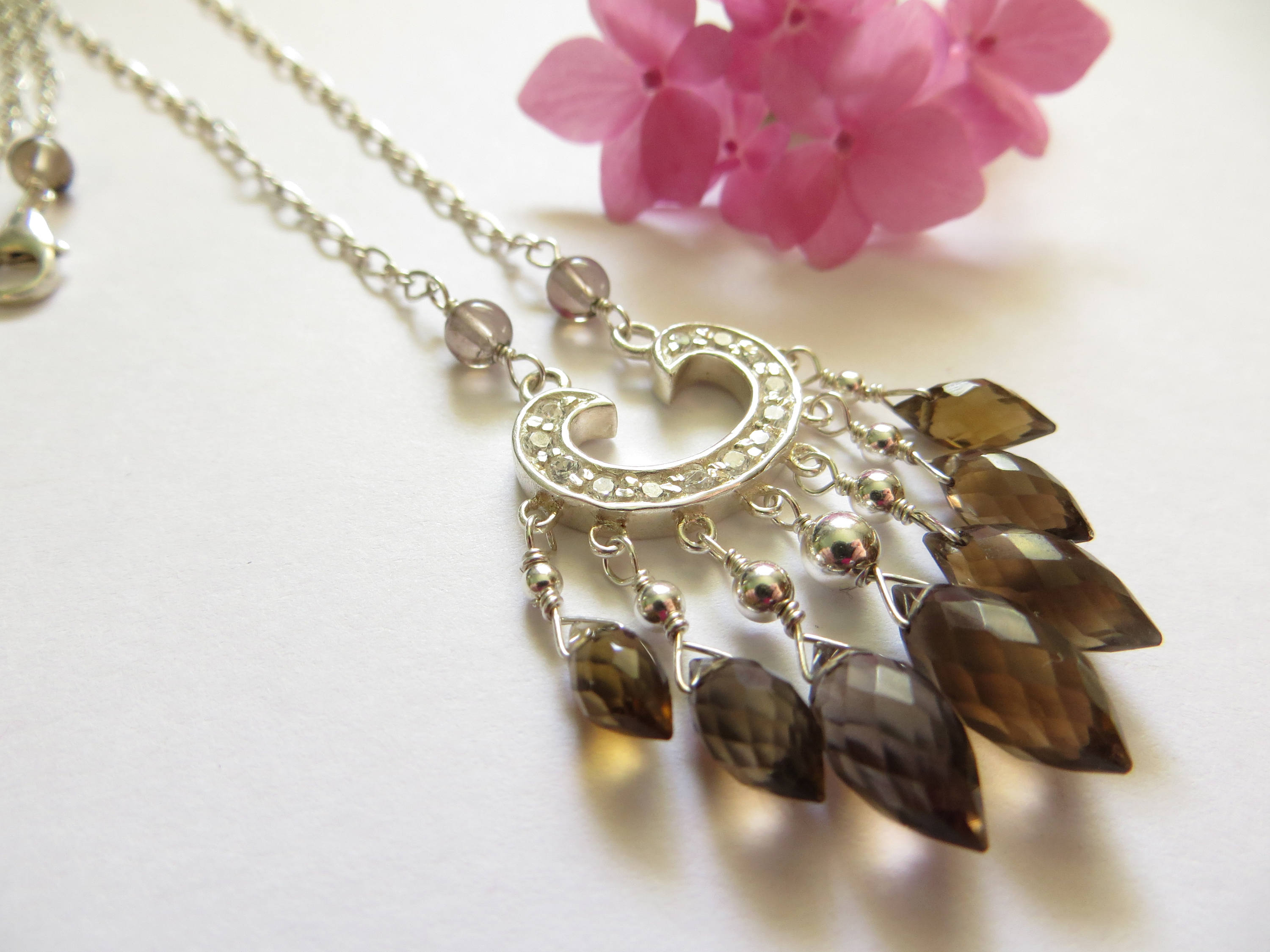 Smoky Quartz Sterling Silver Necklace, Cubic Zirconia Accent
