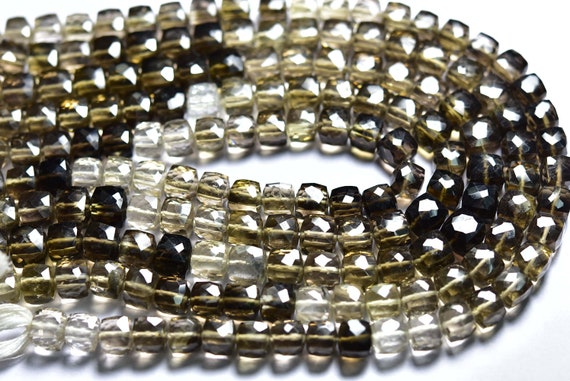 10 Inches - Natural Smoky Quartz Faceted Cube Box Briolettes - Shaded Color Smoky - Size Is 7mm #1160