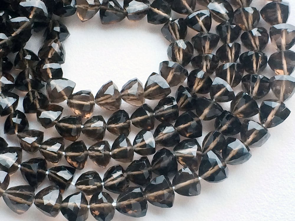7-8mm Smoky Quartz Faceted Trillion Briolettes, Smoky Quartz Briolette Beads, Triangle Smoky Quartz For Jewelry (4in To 8in Options)