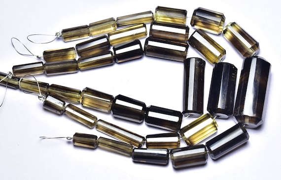 Big Bi Smoky Quartz Barrel Tube Beads - 7.5 Inches - Natural Beautiful Faceted Bi Smoky Quartz Barrel Tube - Size Is 7x12 - 19x27 Mm #2628