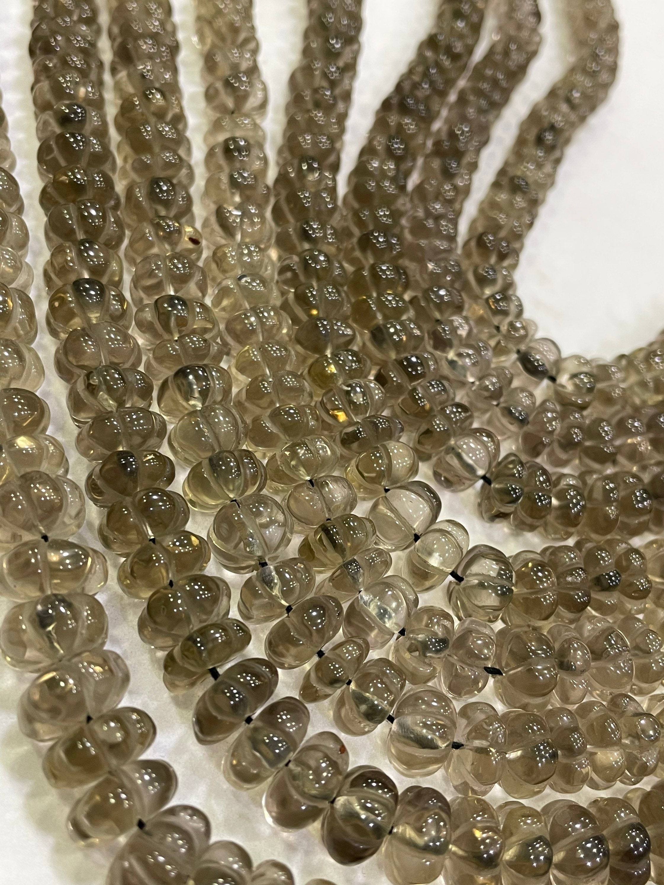 Natural Smokey Quartz Watermelon Beads | 9-10mm Carved Gemstone Strand (14 Inch)