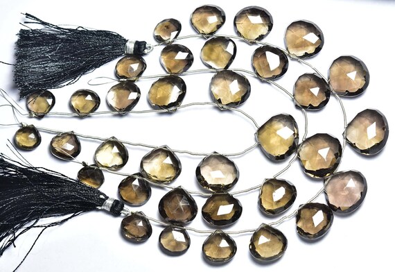 Smoky Quartz Heart Beads - 8 Inches - Natural Beautiful Big Smoky Quartz Faceted Heart Briolettes Strand - Size Is 13-18mm #605