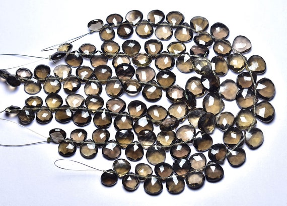 Smoky Quartz Heart Beads - 7 Inches - Natural Beautiful Faceted Smoky Quartz Briolette - Size Is 7.5 - 10 Mm #2620